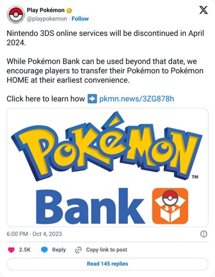 Is Pokémon Bank shutting down alongside online Nintendo 3DS services?