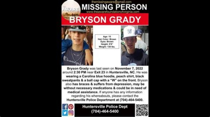 Missing Bryson Grady Missing Found Safe, Huntersville, NC,