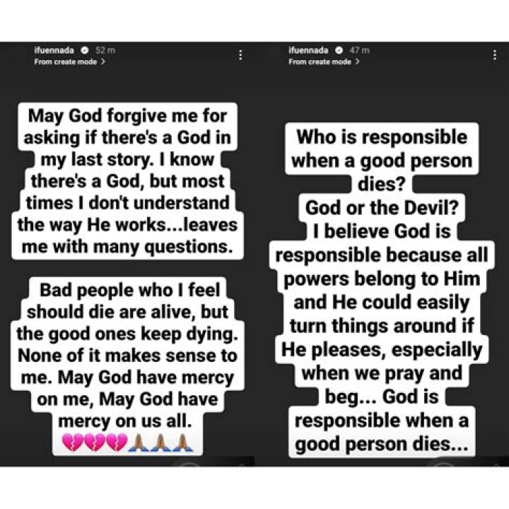 
The Bible Needs To Be Edited; I’m Struggling To Forgive And Understand You, God- Writes Bbnaija’s Alex Unusual As She Mourns The Death Of Rico Swavey. 